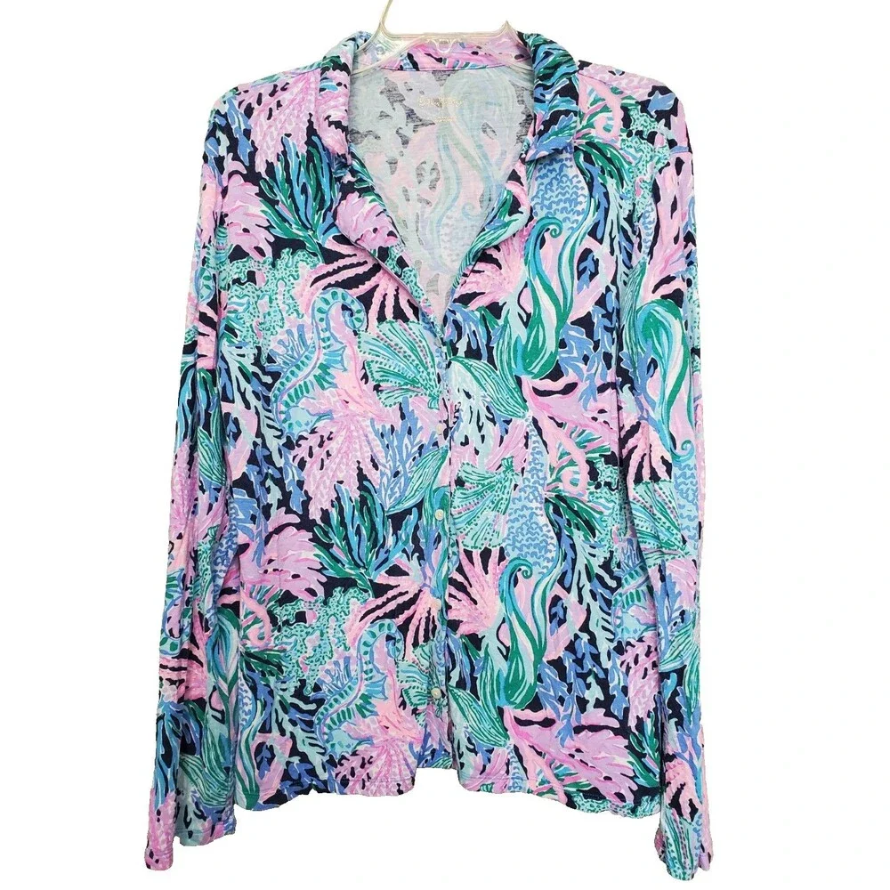 Lilly Pulitzer PJ Knit Long Sleeve Button-Up Pajama Top Size Large #007120